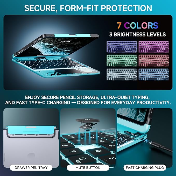 Transparent Case with Keyboard for iPad Air 13 Inch (M4/M3/M2, 2026/2025/2024), iPad Pro 12.9 Inch (6/5/4/3 Gen),7-Color Backlit,Magic wireless Keyboard, 360°Rotating,with trackpad,Pencil Holder,blue