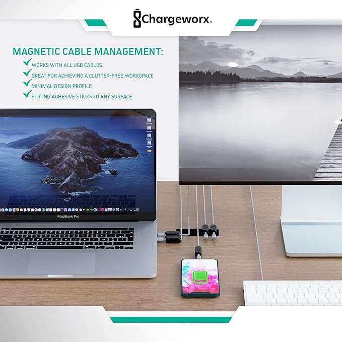 CHARGEWORX Magnetic Cable Clips 20-Pack – Adhesive Cord Organizer for Desk, Wall, Nightstand & Car – Magnetic Cable Holder for USB-C, Lightning, HDMI & Charging Cables – Cable Management Clips