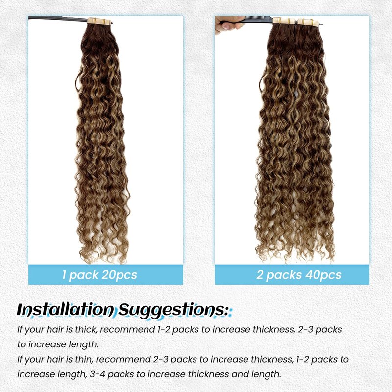 Honey Blonde Highlight Water Wave Tape in Human Hair Extensions Tape ins Real Human Hair Extensions for Black Women Ombre Brown with Caramel Blonde Highlight Loose Curly Skin Weft Hair Extension 12”