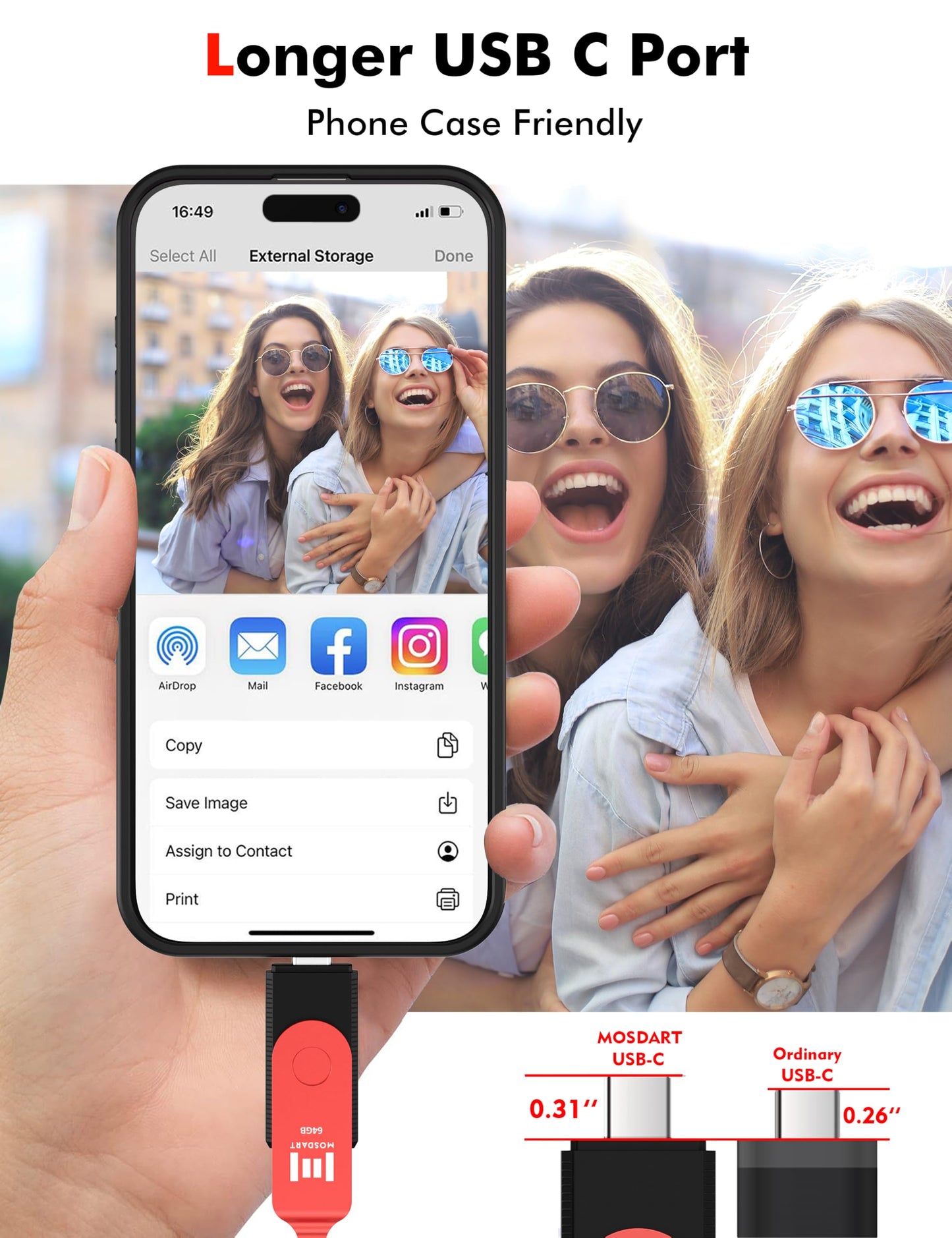 MOSDART 64GB USB C 3.2 Fast Speed C and A Dual Flash Drive, exFAT Memory Stick with Keychain and LED Indicator, for iPhone 15,16,17, Android Phone, iPad, MacBook, and Other Laptops, Red