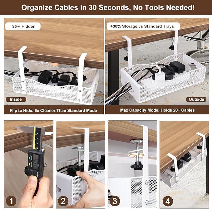 Extra Wide Under Desk Cable Management - 7inch No Drill Installation Cable Management Tray, Clamp/Screw Mount Desk Cable Management, Cable Management Tray for Office, Home((White, XL)