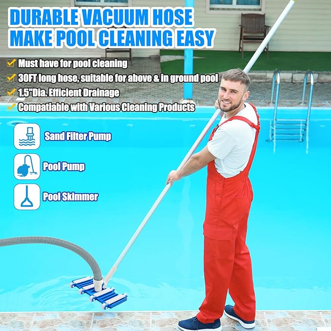 Pool Vacuum Kit Swimming Pool Vacuum Head With 1-1/2" x 30ft Pool Vacuum Hoses Flexible Pool Vacuum Head with Wheels And 14 '' Pool brush for Inground Pool Cleaning