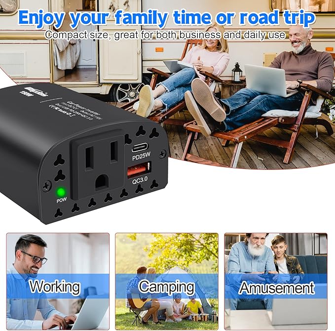 Bapdas 150W Car Power Inverter DC 12V to 110V AC Car Adapter for Plug Outlet with PD 25W &QC3.0 USB Ports Car Charger Adapter