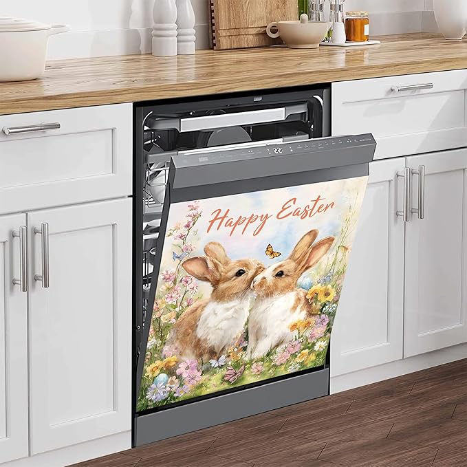 NYZE Easter Dishwasher Magnets Cover, Dishwasher Magnetic Sticker Decorative, Reusable Dish Washer Cover for Dishwashers (Kissing Bunnies)