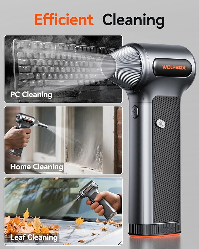 WOLFBOX MF200 Compressed Air Duster with Removable Battery & 4 Nozzles, Cordless 3-Speed Adjustable Mini Blower for Computer Keyboard, Car Cleaning, Home, and Outdoor Use