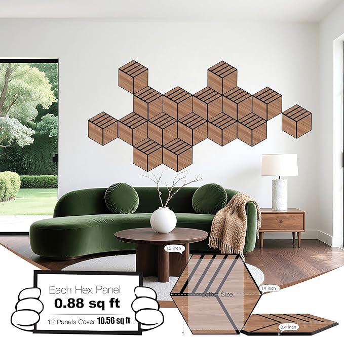 Mollywell Acoustic Panels, PVC Wood-Grain, 14x12 Inch Hexagon Carved Sound Proof Wall Tiles, Self-Adhesive High Density Felt for Home Theater/Studio/Office Echo Reduction, 12 Pack Walnut, S4
