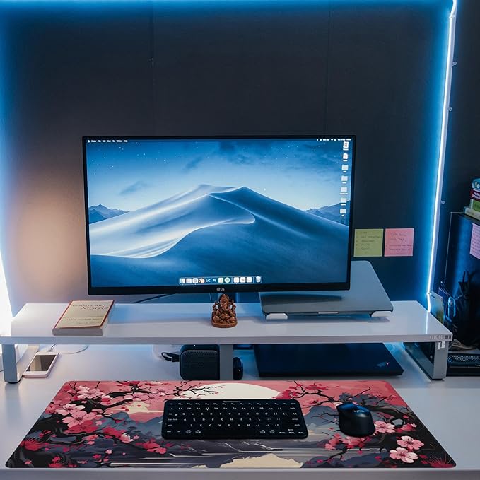 Eflxamz Desk Pad,Pink Cherry Blossom Tree Desk Mat,Mountains and Sun Large Gaming Mouse Pad for Desk,Extended Big Computer Keyboard Mouse Pad with Non-Slip Base and Stitched Edge,35.4"x15.7"