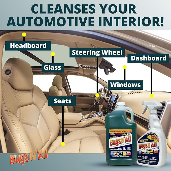 Bugs Nâ All Multipurpose Car Cleaner & Degreaser - Bug & Tar Remover Concentrate 1 Gallon - Exterior Cleaner Safe for Car Paint, Metal, Chrome, Aluminum, Windows & Mirrors - w/Free 32 oz Spray Bottle