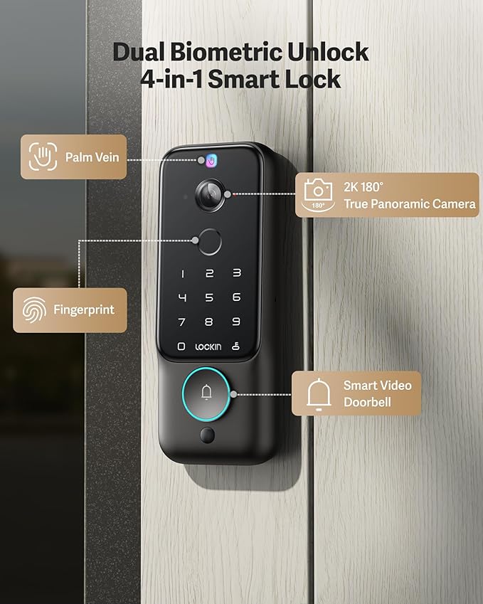 Lockin Venoris Plus - All-in-One Smart Lock for Front Door - Palm Vein & Fingerprint Keyless Entry - 2K 180° Ultra-Wide Camera, Night Vision, Built-in WiFi & 8GB Storage - No Monthly Fee