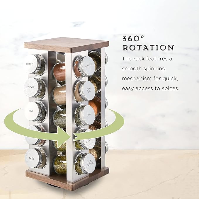 Kamenstein 20-Jar Vintage Revolving Spice Rack Organizer with Spices Included, 5 Years of Spice Refills, Rotating Wood and Stainless Steel Storage, Culinary Gift for Home Chefs