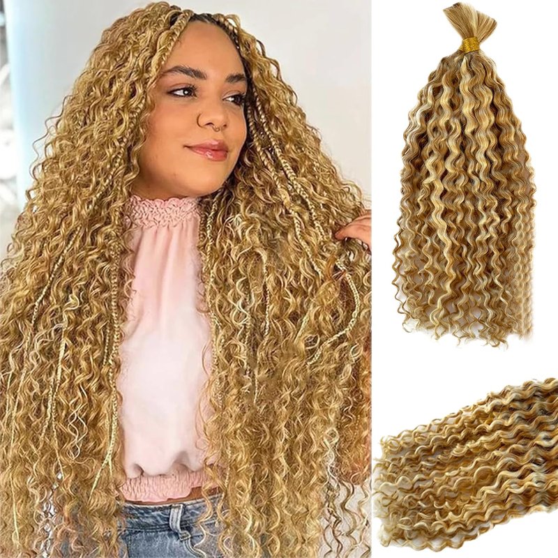 Honey Blonde Highlight Human Braiding Hair for Boho Braids Water Wave Bulk Human Hair for Braiding Ombre Color No Weft 2 Bundles 100G Wet And Wavy Twist Hair Braiding 16 Inch