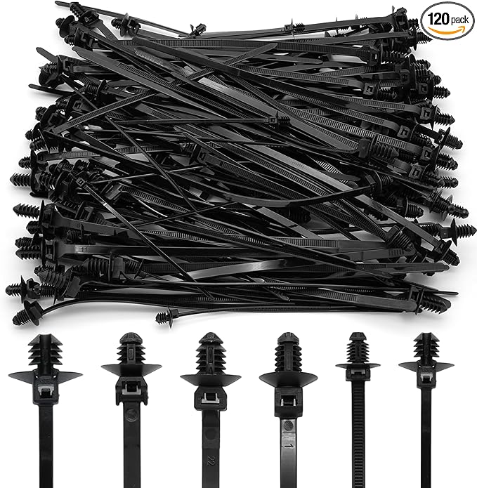 Semrien 120 Pcs Push Mount Cable Ties Assorted Sizes, Black Nylon Push Mount Zip Ties Wire Harness Clips, 6-Types Snap in Zip Ties Self Locking Automotive Wire Ties for Wire Tying, Automotive