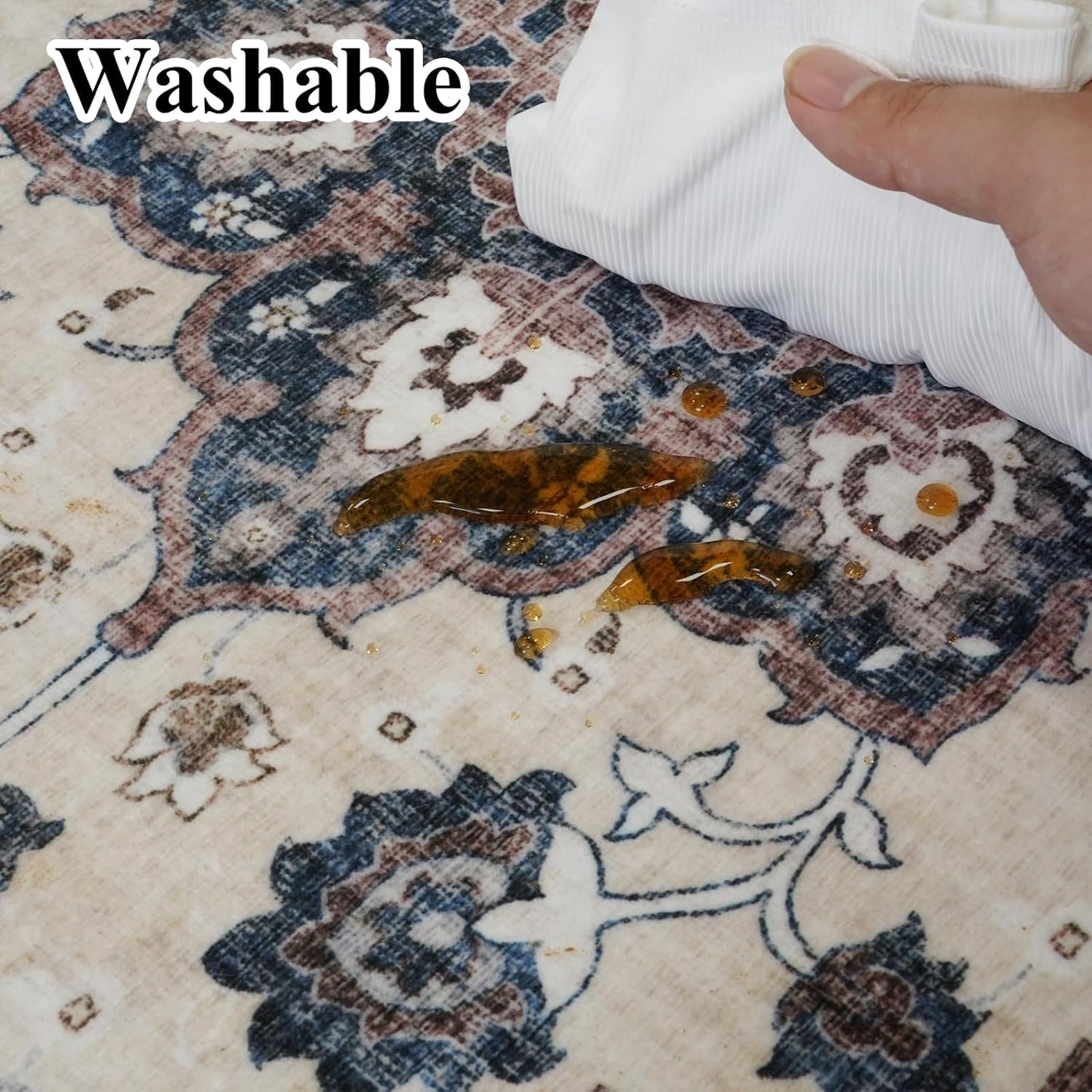 Skiennix Washable Area Rug - 9 x 12 Stain Resistant Medallion Design | Soft Non-Shedding Carpet for Indoor/Outdoor Use (Blue)