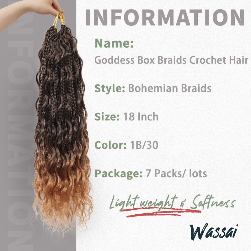 18 Inch 7 Pack Goddess Box Braids Bohemian Crochet Boho Box Braids With Curly Ends Pre-looped Crochet Braids Hair for Women Synthetic Braiding Hair Extensions,1B/530/350