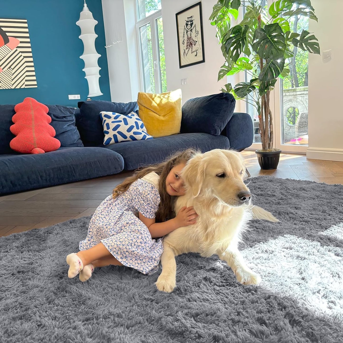 OLANLY Large 5x7 Machine Washable Area Rug - Soft Fluffy Shaggy Indoor Carpet in Light Grey for Living Room & Nursery