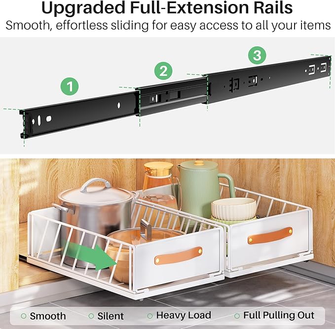 Pull out Cabinet Organizer Fixed with Adhesive Nano Film,Heavy Duty Slide out Pantry Shelves Drawer Storage,Sliding Mesh Basket with Handle for Kitchen, Bathroom,Home, 11.8W"X 15.7D"X6.2"H(2PCS)