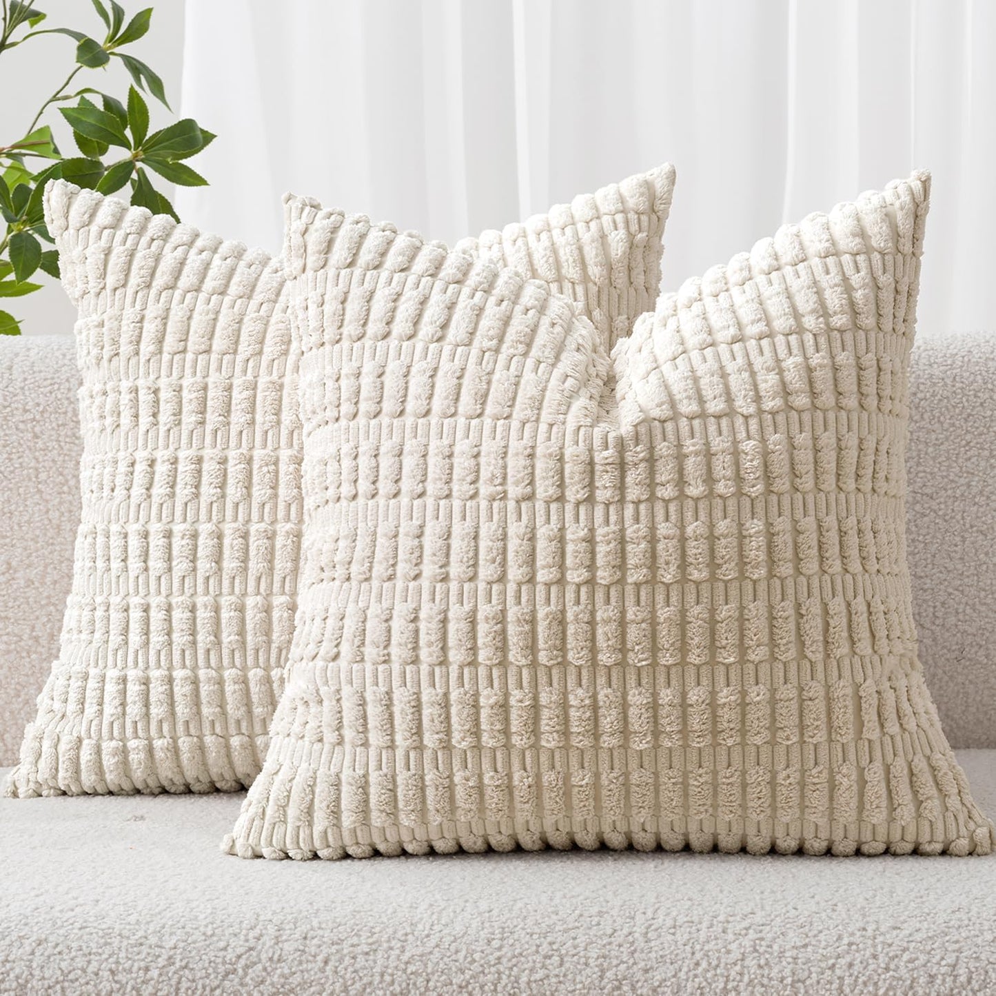 MIULEE Corduroy Throw Pillow Covers - Soft Boho Striped Design | 12x12 Inch Cream White Decor for Sofa & Couch