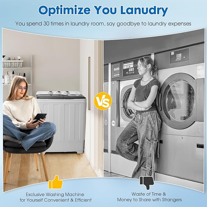 Portable Washing Machine Twin Tub - 28lbs Compact Washer(18lbs) and Dryer(10lbs) Combo with Drain Pump - Mini Laundry Machine for Apartments, Dorms, RVs, and Camping - Grey