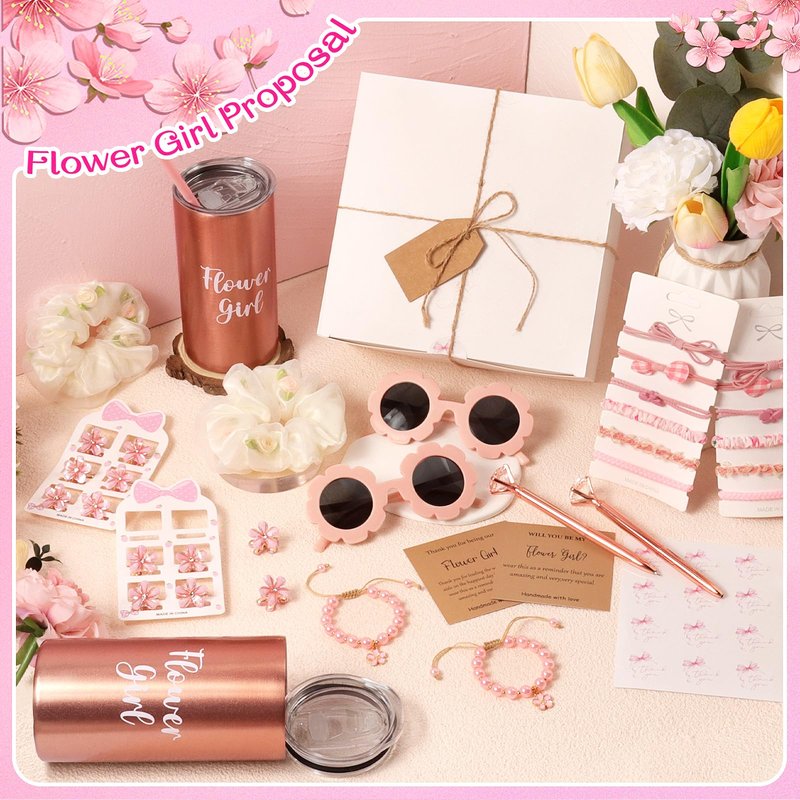Mhoel 40pcs Flower Girl Proposal Gifts Set of 2, Rose Gold 12oz Tumbler Sunglasses Pearl Bracelet Diamond Pen Hair Ties Will You Be My Flower Girl Card Box