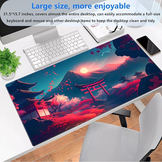 Cindasun Japanese Anime Mouse Pad - Pink Sakura & Full Moon Design Gaming Desk Mat, XL Large (31.5"x15.7") Keyboard Pad for PC Laptop Office Decor