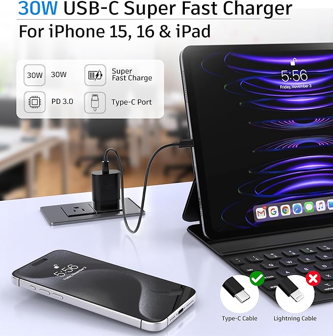 TT&C 4-Piece 30W USB-C Fast Charger Kit with 10FT & 6.6FT Cables, PD 3.0 Wall Block Compatible with iPhone 17 16 15, Galaxy S26 S25 Ultra & iPad (Black)