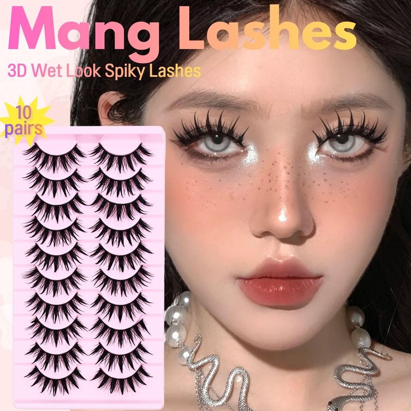 Anime Manga Style Cat Eye False Eyelashes 10 Pairs Wet Look C-Curl Spiky Makeup Lashes with Cotton Band for Cosplay, Daily Wear & Party