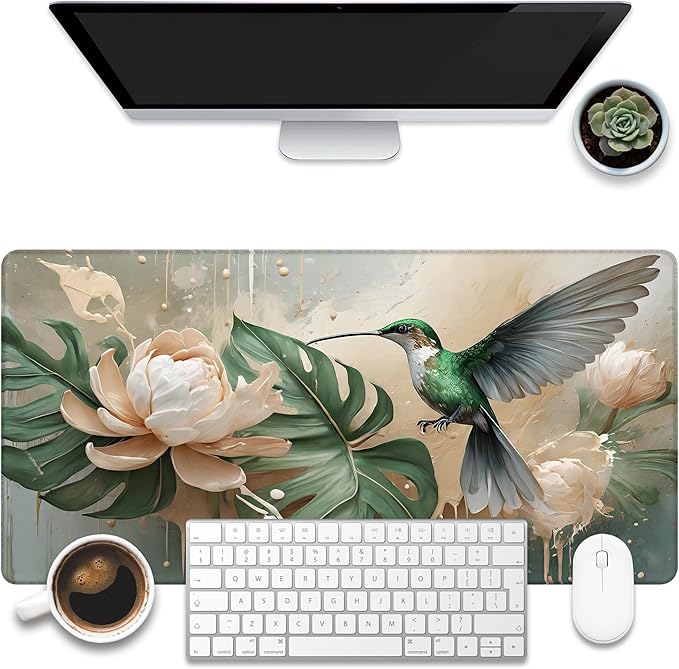 KOAIWPAE Desk Pad, Elegant Hummingbird Desk Mat, Oil Painting Flowers and Leaves Large Gaming Mouse Pad, 31.5"x15.7" Extended Big Computer Mouse Pad with Non-Slip Base and Stitched Edge