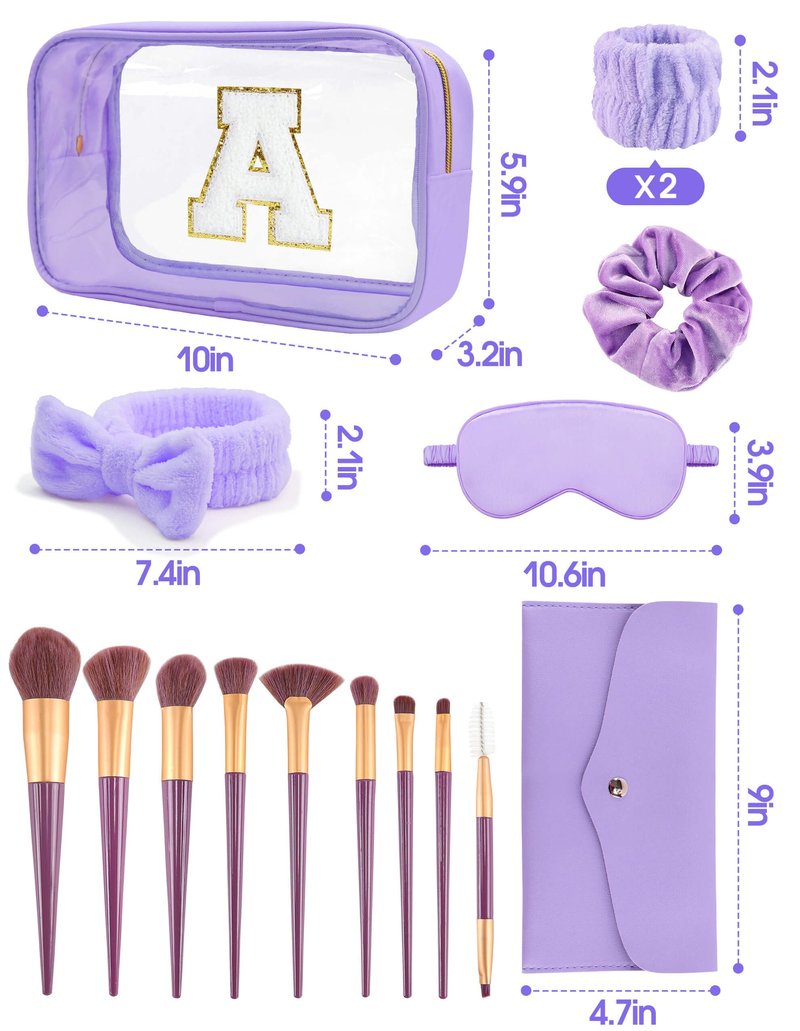 Gift Sets for Women, Initial Makeup Bag with Makeup Brush Set Bachelorette Party Favors, Purple Spa Kit with Skincare Headbands Wrist Bands Sleepover Party Supplies Gifts for Teen Girls Bridesmaid A