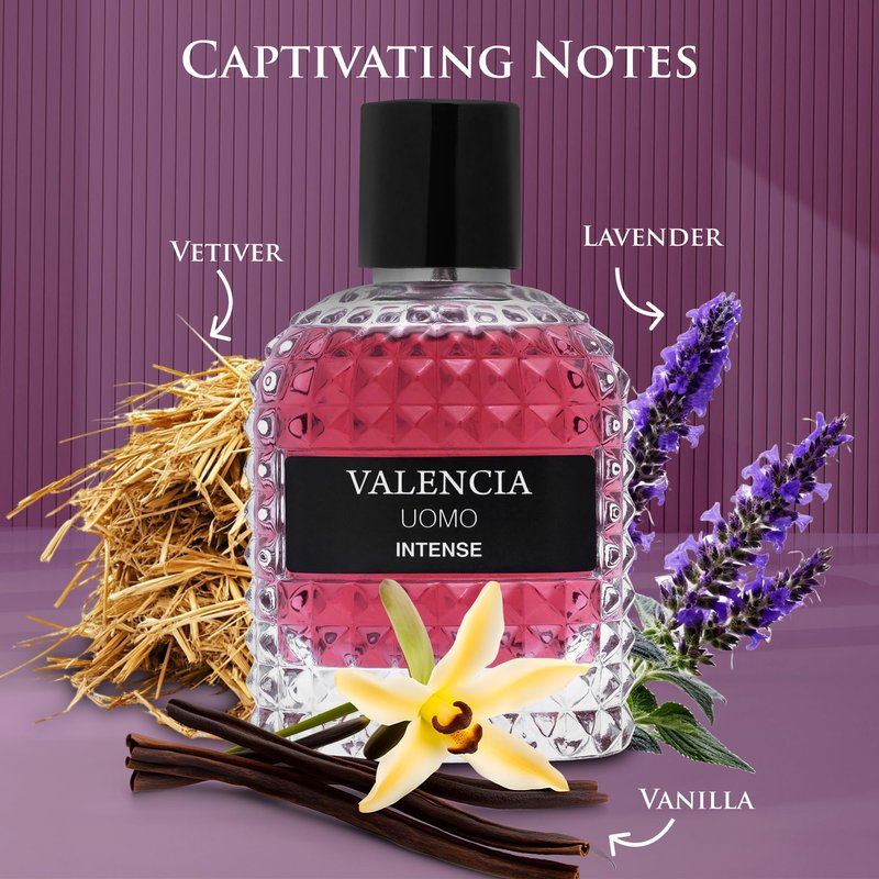 Valencia UOMO Intense for Men Eau De Parfum - Amber Fougere Fragrance Top Notes of Vanilla Bourbon Mid Tone of Lavandin Create Spicy & Woody Aroma - Base Scent of Smoked Vetiver Elegant 100ml Bottle