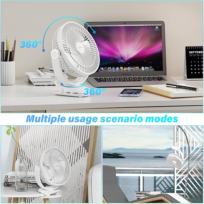 BIVBTP 12000mAh Clip on Fan 30H Longest Runtime, 8in Portable Fan Rechargeable, Ultra Quiet with Heavy-Duty Clamp, USB Desk Fans for Golf Cart,Office Desk, Treadmill, Camping, Bedroom