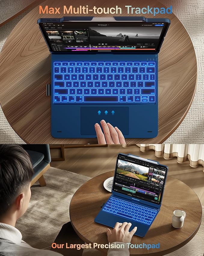 typecase Touch Case with Keyboard for iPad Pro 13"(M5/M4, 2025/2024), iPad Air 13"(M4/M3/M2, 2026/2025/2024) & iPad Pro 12.9", Trackpad, 360° Rotatable, 11-Colors Backlit, Lake Blue