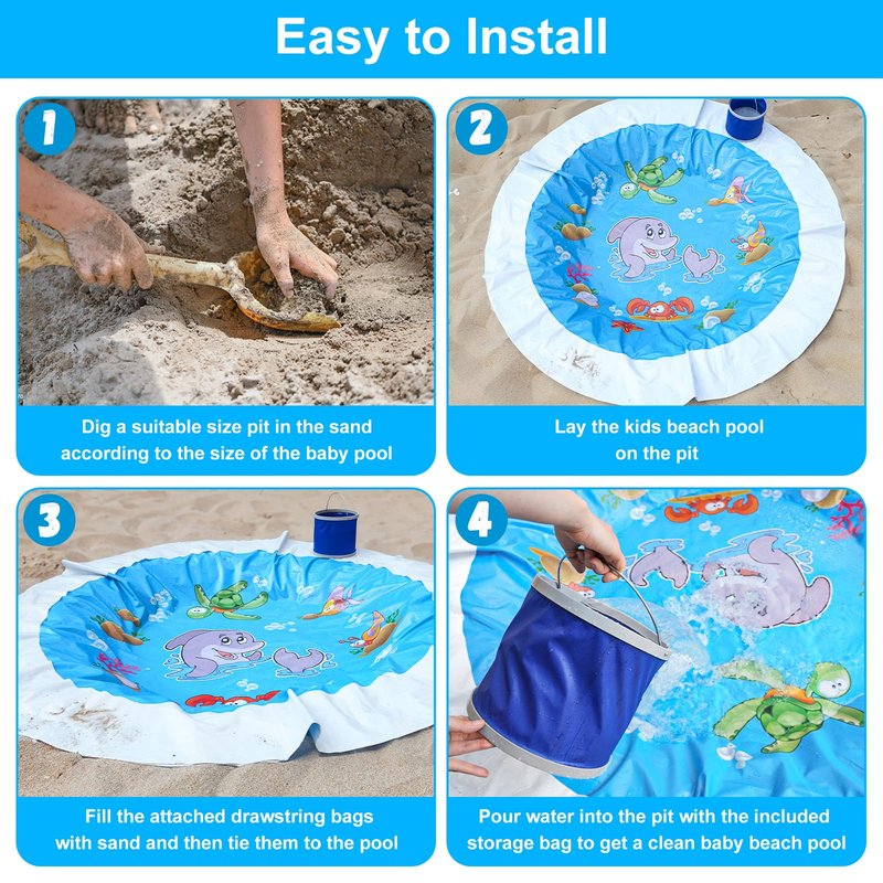 Giveuplay 7.2 X 7.2 Feet Baby Beach Pool，Kiddie Pool and Beach Blanket，2 in 1 Toddler Paddling Pool，Beach Toys for Infant Kids Boys and Girls with Portable Water Bag 9L