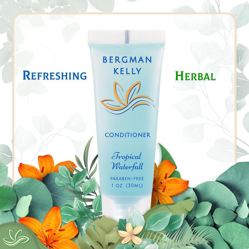 BERGMAN KELLY - Hotel Toiletries Bundle - Tropical Waterfall, 1 oz each, 125 Pieces - 5-Piece Set: 25 each Round Bar Soap, Shampoo, Conditioner, Body Lotion & Body Wash - Bulk Mini Guest Amenities