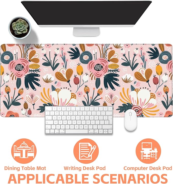 NIYLYNSYN Mouse Pad Large Flowers and Leaves Non-Slip Game Desk Mat with Stitched Edge Laptop Keyboard Desk Pad for Work Home Gaming (35.4 x 15.7 Inches)