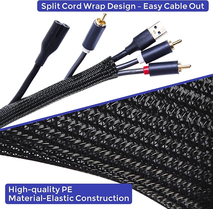 YCLYC Cable Management Sleeves 1in - 2 Pack 6.6ft Split Braided Sleeve Black, Protectors From Pets, Wire Organizers, Flexible Wrap for Computer Cord Management