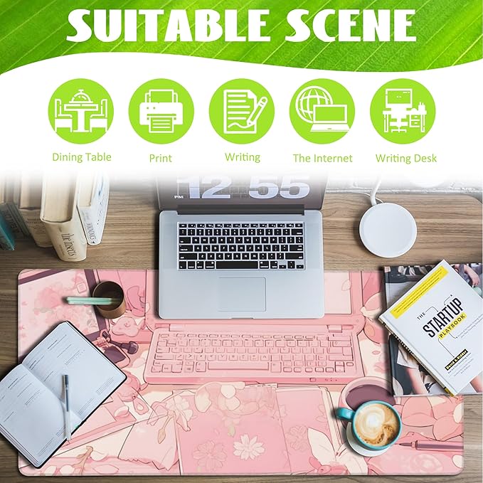 Eflxamz Large Gaming Mouse Pad for Desk,Pink Kawaii Anime Girl Desk Desk Mat,Kawaii Anime Desktop Desk Pad,Extended Big Computer Keyboard Mouse Pad with Non-Slip Base and Stitched Edge,35.4"x15.7"