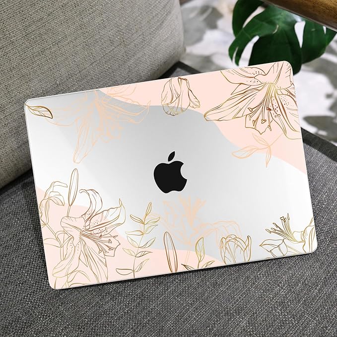 MEEgoodo Case for M5/M4/M3/M2 MacBook Air 13 inch 2026 2025 2024 2022, Fit Model A3449/A3240/A3113/A2681, Case Compatible with MacBook Air 13.6-inch, Gold Flowers Lilies