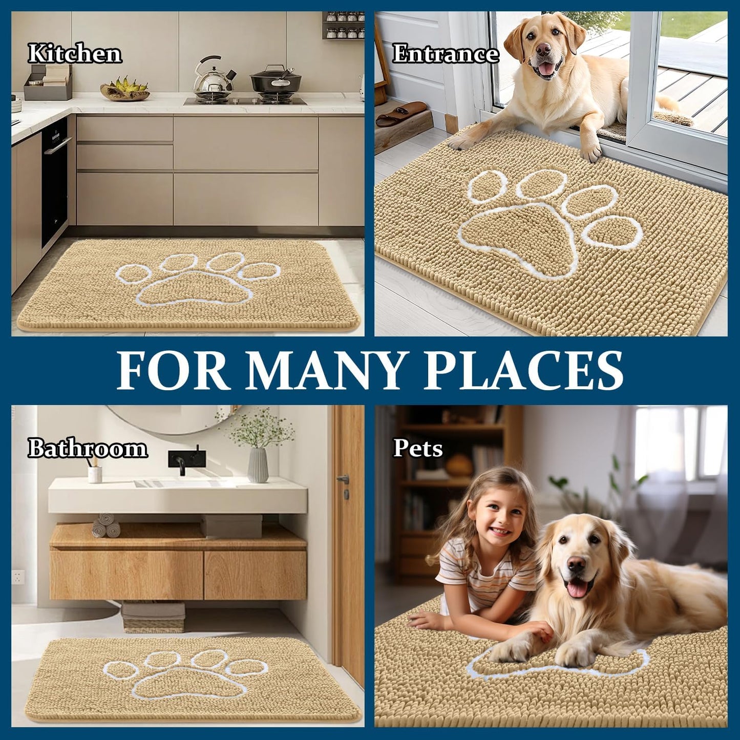 OLANLY Dog Door Mat - Absorbent Non-Slip Muddy Paws Mat | Quick Dry Chenille, 35x24, Beige