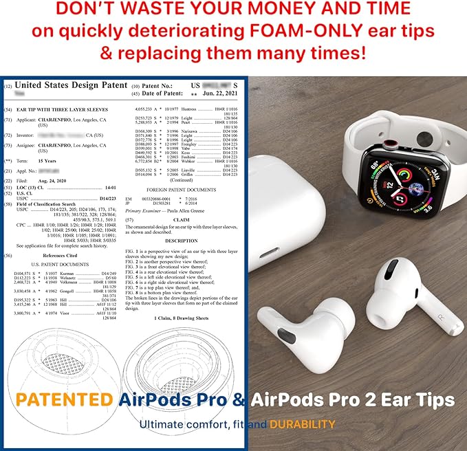 CharJenPro Patented Design Memory Foam Ear Tips for AirPods Pro and AirPods Pro 2 w/Silicone Shield. AirFoams Pro Active 2.0 Lasts 5X Longer. Replacement Tip. Lifetime Replacement. (S/M/L, White)