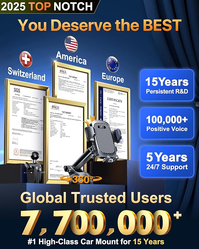 2026 Ultimate Best【True Military-Grade & Safety Cert】Car Phone Holder HTU【Upgraded 360 Rotation & 100+LBS Strongest Suction】5-in-1 Truck Windshield Dashboard Vent Mount Stand for iPhone Android, Black