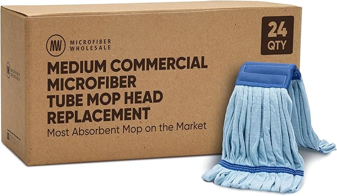 Bulk Commercial Mop Head Replacement (24 Count) - Medium Microfiber Tube Mop (14 oz.) | Industrial Wet Mops | Refill, Machine Washable, Heavy Duty | Hardwood, Tile, Laminate, Vinyl Floors (Blue)