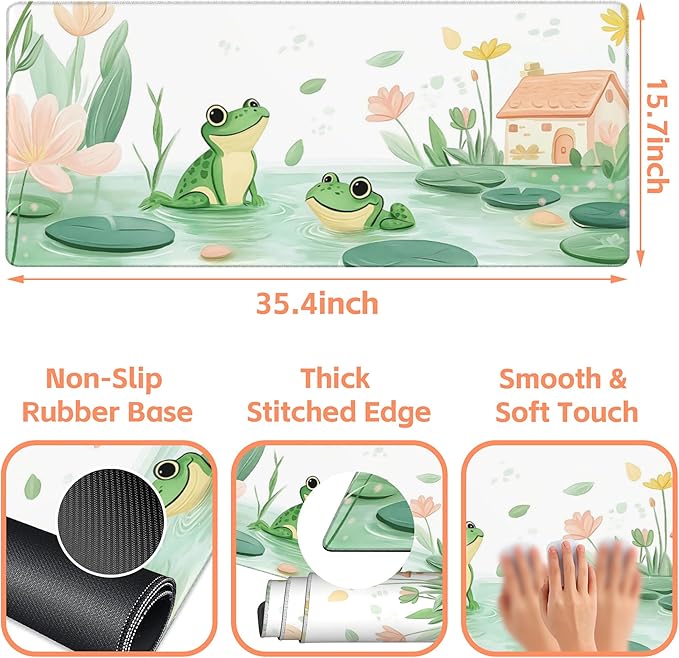 NIYLYNSYN Mouse Pad Large Cute and Whimsical Frogs Non-Slip Gaming Desk Mat with Stitched Edge Laptop Keyboard Desk Pad for Work Home Gaming (35.4 x 15.7 Inches)