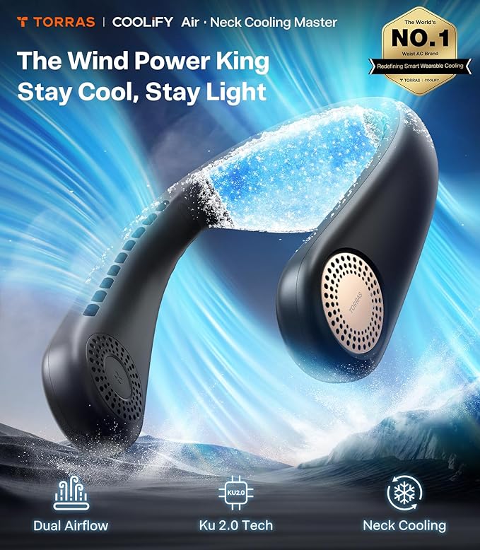 TORRAS COOLiFY Air 2026 Upgraded Neck Fan Air Conditioner, Dual-Airflow Pro Cooling, Ultra Light Portable Fan Rechargeable, Personal Cooling Fan Travel Essentials, Gift for Dad Husband Father, Black