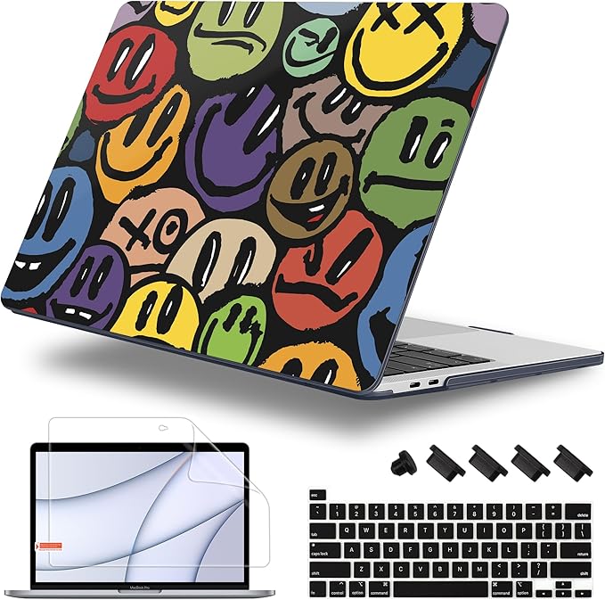 Lepeoac for MacBook Pro 16 inch Case 2019 2020 Release Model A2141, Plastic Hard Shell Cover with Keyboard Cover & Screen Protector for MacBook Pro 16 inch with Touch Bar & Touch ID, Happy Emoji