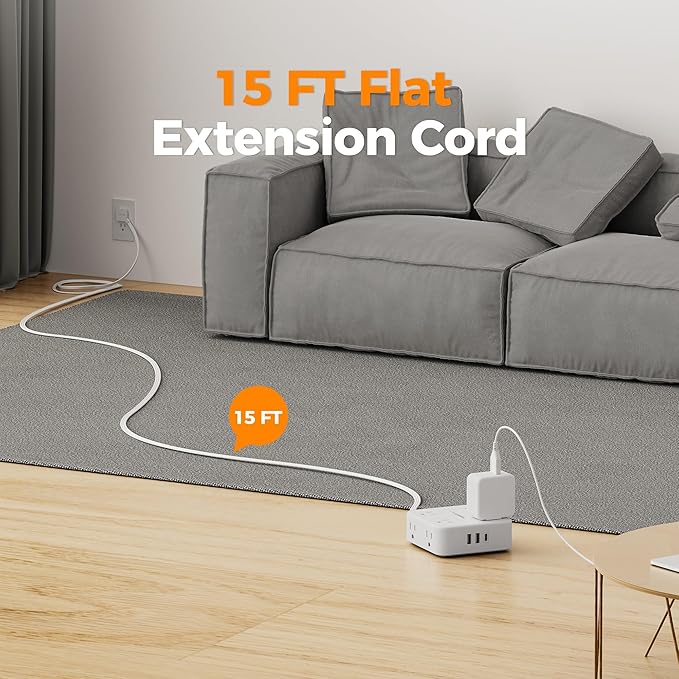 TESSAN Surge Protector Power Strip, 15 Ft Flat Plug Extension Cord with 3 USB (1 USB C 20W PD) 8 Outlets, 1250W, 900J Protection, 3 Sided Outlet Extender with Power Switch for Office, Dorm Room, White
