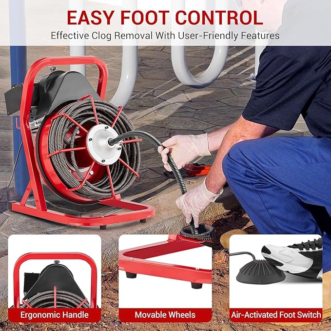 75FT x 1/2 Inch Drain Cleaner Machine, 400W Portable Drain Cleaning Machine Snake with 6 Cutters & Foot Switch for 1" to 4" Pipes, Heavy Duty Sewer Auger for Sinks, Toilets, Showers