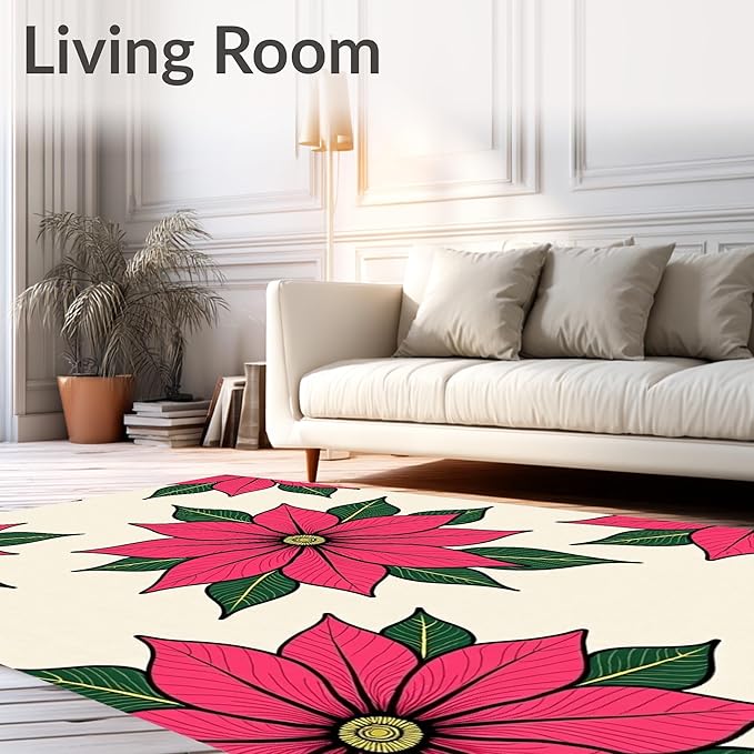 Flatwoven High Traffic Area Rug 5x7, Holiday Poinsettia Bathroom Festive Winter Floral Shower Curtain, Non Slip, Stain Resistant, Washable Area Rugs for Living Room, Bedroom (Pink, 5x7)