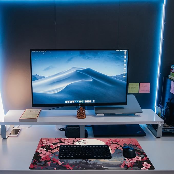 Eflxamz Pink Cherry Blossom Tree Desk Pad, Mountains and Sun Large Gaming Mouse Mat, Extended Big Computer Keyboard Pad With Non-Slip Base and Stitched Edge, 31.5"x11.8"