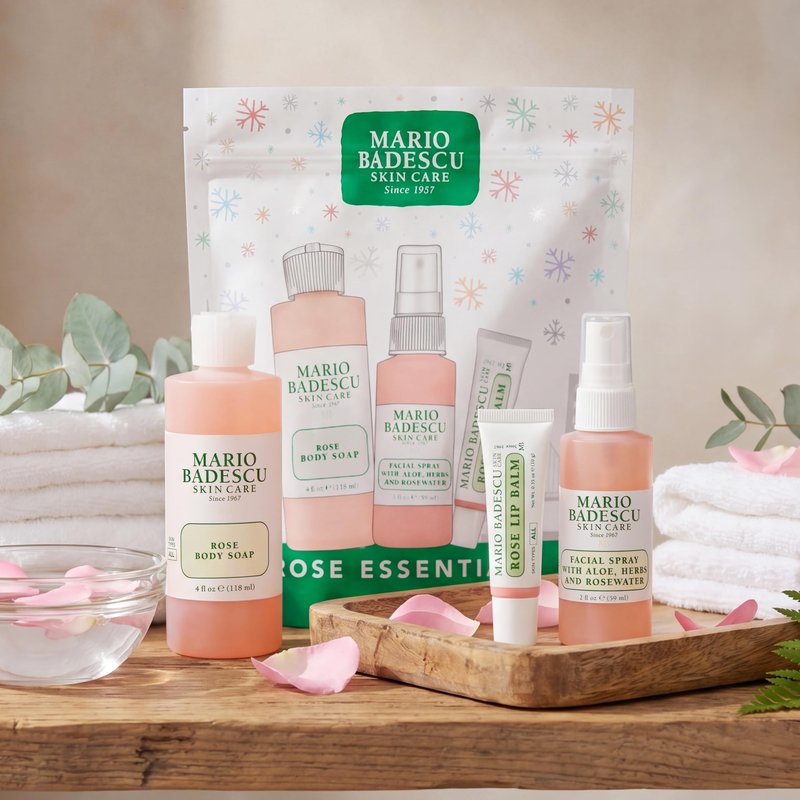 Mario Badescu Rose Essentials 3-Piece Set – Rose Body Wash, Rosewater Facial Spray & Lip Balm for Hydrating Head-to-Toe Skincare