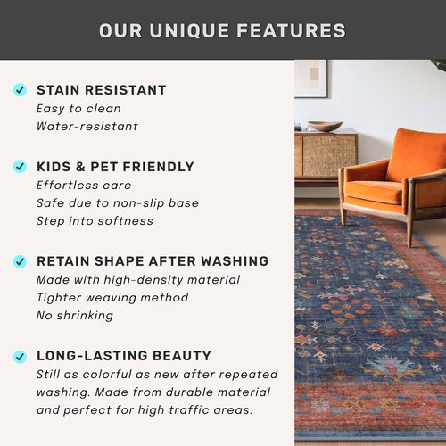 Hazo Haus Washable 3x8 Long Runner for Wide Kitchen Floor - Navy Blue 8ft Hallway Runner Rug, Pet Friendly Waterproof Non Slip with Rubber Backing, Stain Resistant Area Rug